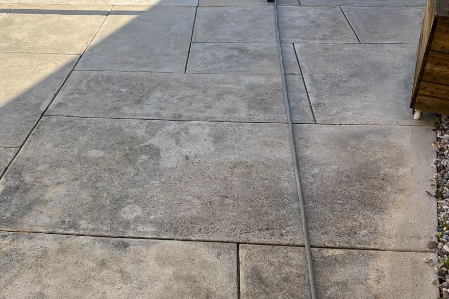 Before and after cleaning on liquid limestone · Poolside: before