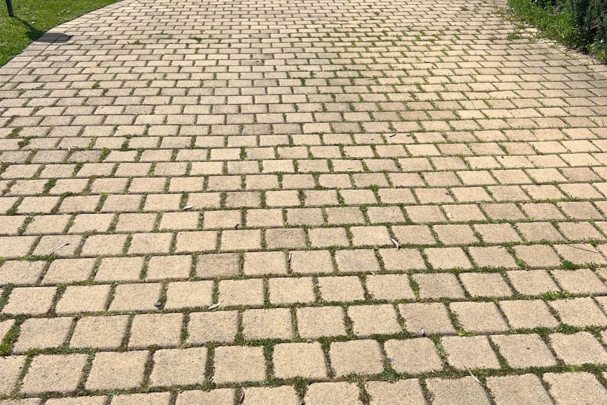 Before and after cleaning on brick pavers · Driveway: before