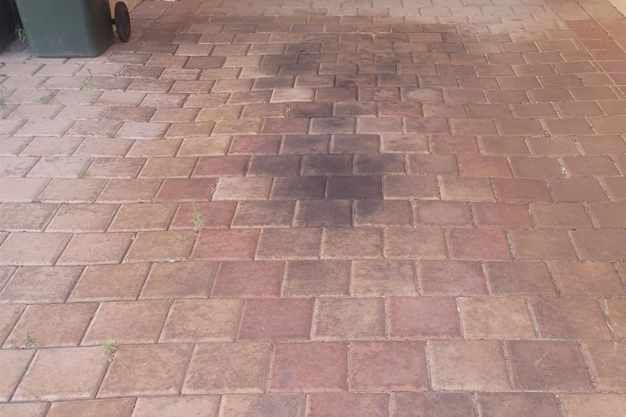 Before and after cleaning on brick pavers · Garage floor: before