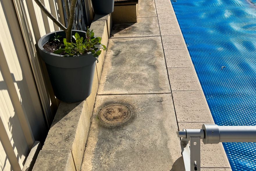 Before and after cleaning on liquid limestone · Poolside: before