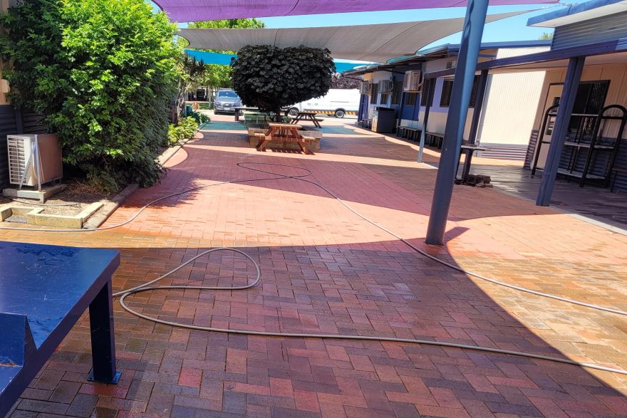 Before and after cleaning on brick pavers: after
