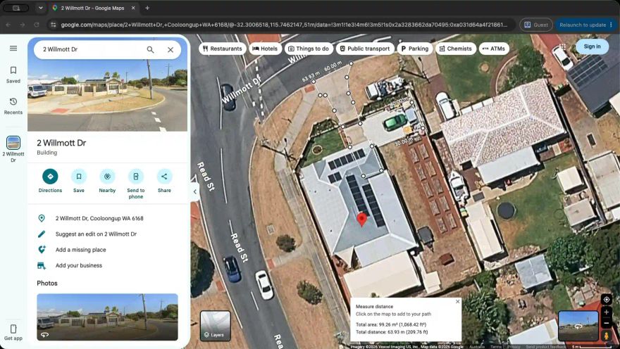 Google Maps satellite view with the cleaning area outlined and measured at 99.26 square metres