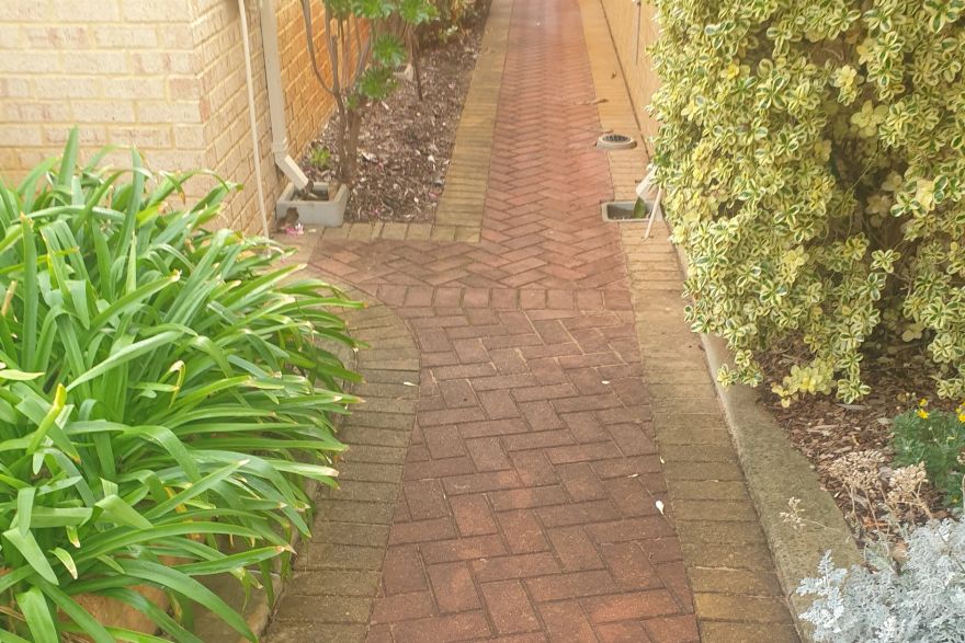 Before and after cleaning on brick pavers · Path: before