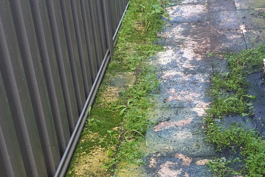 Before and after cleaning on sandstone pavers · Side of house: before