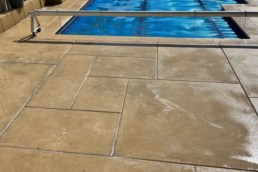 Before and after cleaning on liquid limestone · Poolside: after