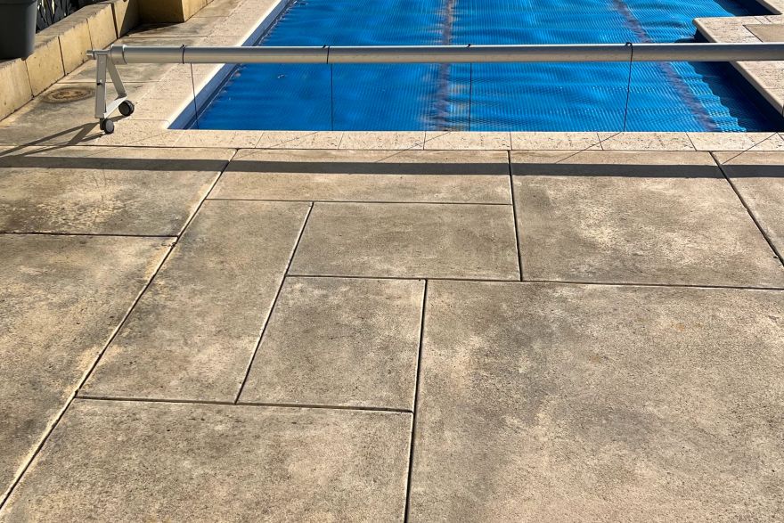 Before and after cleaning on liquid limestone · Poolside: before