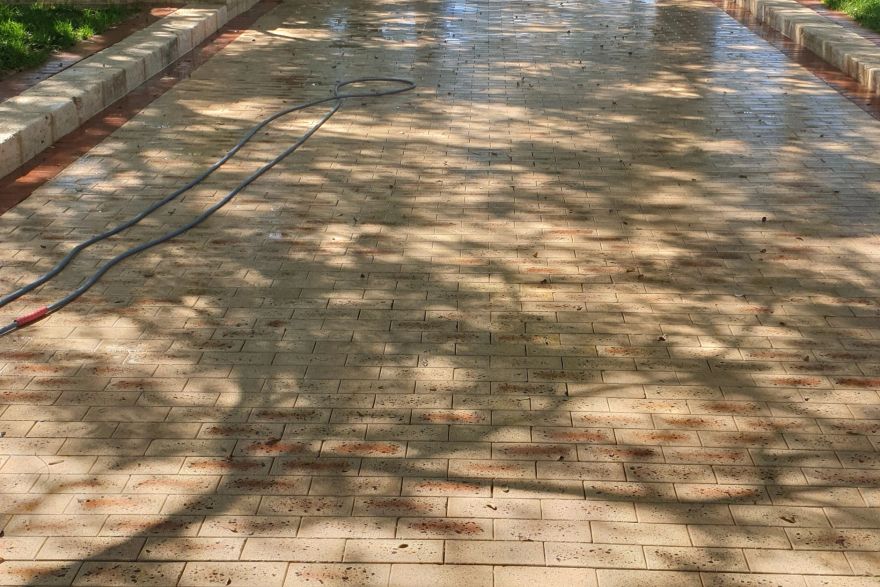 Before and after cleaning on brick pavers: after