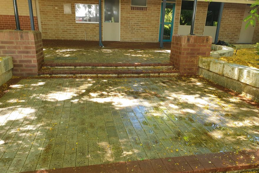 Before and after cleaning on brick pavers: before