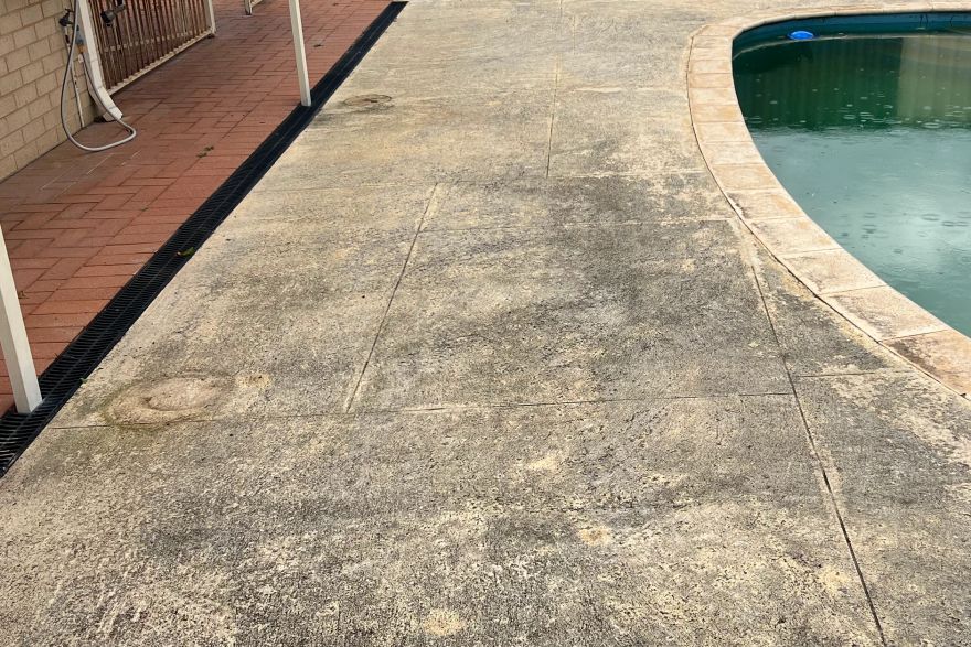 Before and after cleaning on liquid limestone · Poolside: before