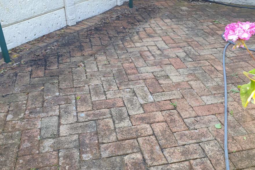 Before and after cleaning on brick pavers: before