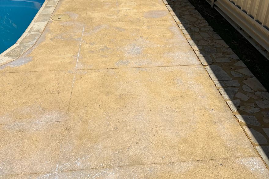 Before and after cleaning on liquid limestone · Poolside: after