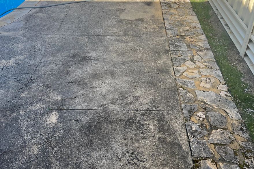 Before and after cleaning on liquid limestone · Poolside: before