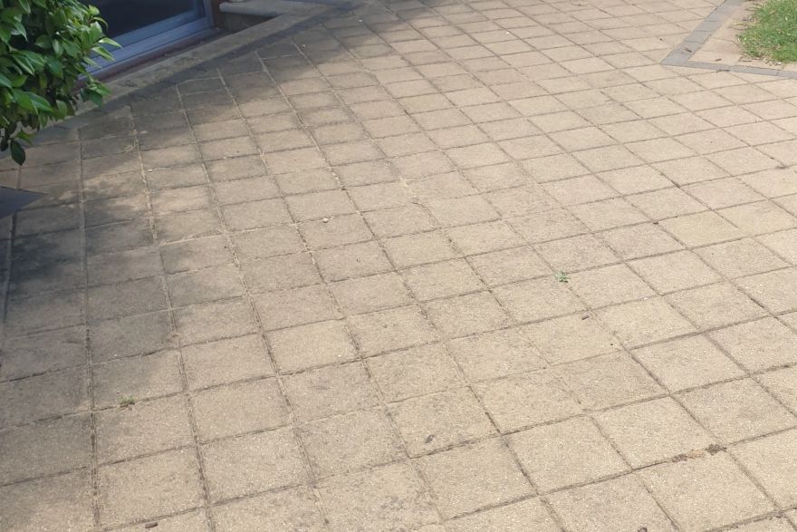 Before and after cleaning on brick pavers: before