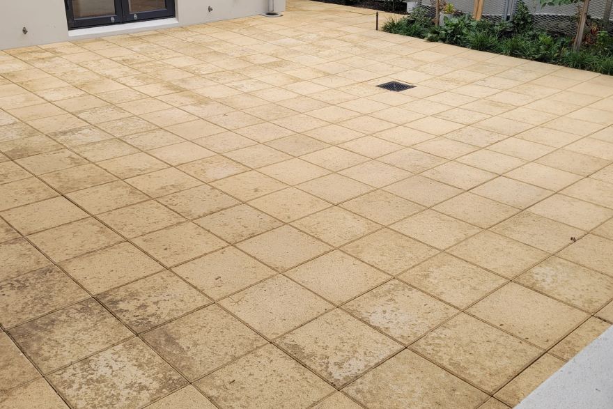 Before and after cleaning on sandstone pavers: after