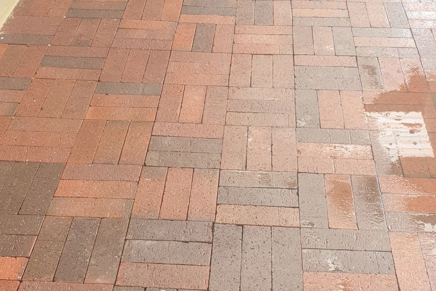 Before and after cleaning on brick pavers: after