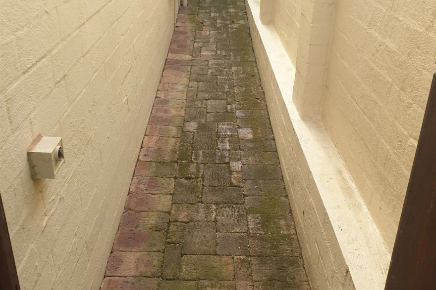 Before and after cleaning on brick pavers · Path: before
