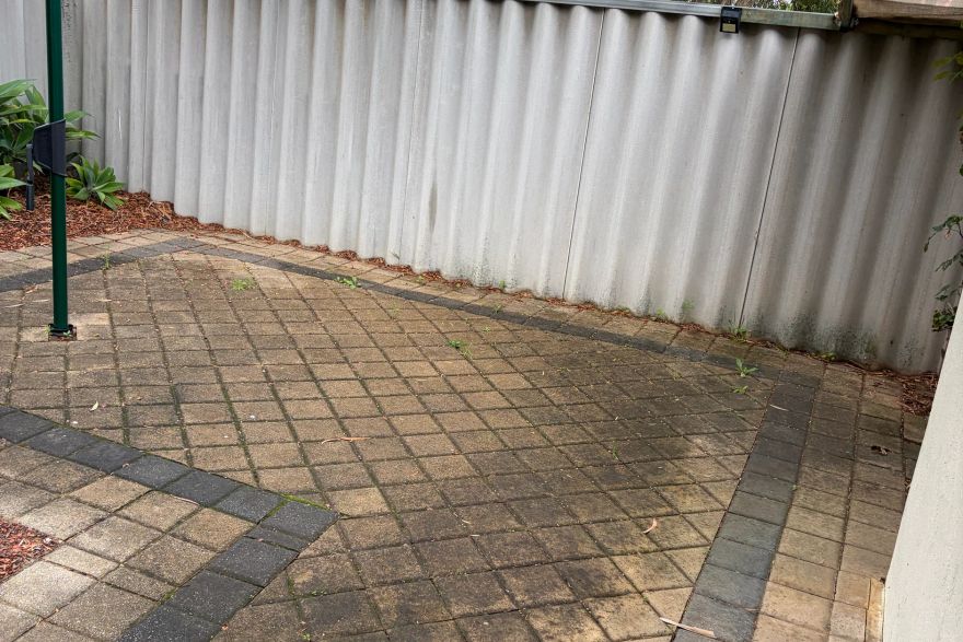 Before and after cleaning on brick pavers: before